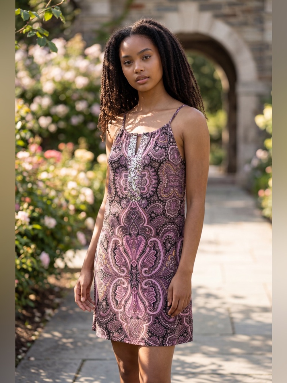INC International Concepts Pink Paisley Sequin Neck Stretch Dress M